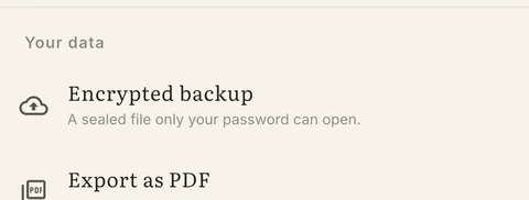 Aparté settings: encrypted backup, PDF export, plain-text export