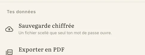 Réglages Aparté : sauvegarde chiffrée, export PDF, export en clair
